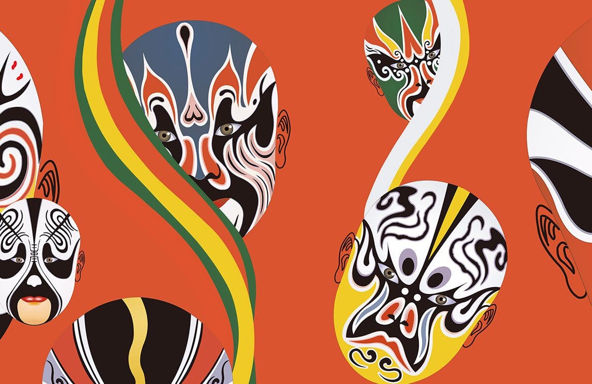 Vibrant Oriental Mask Pattern Wallpaper - Bold Red Artistic Design