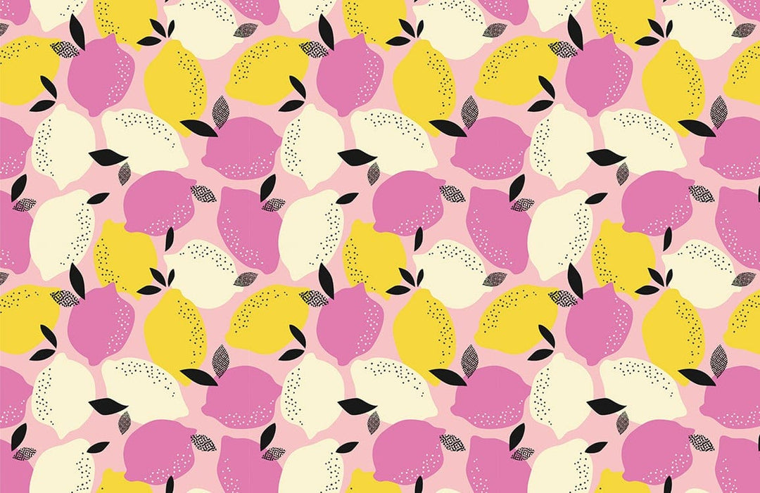 Vibrant Citrus Delight: Pink and Yellow Lemon Pattern Wallpaper Design