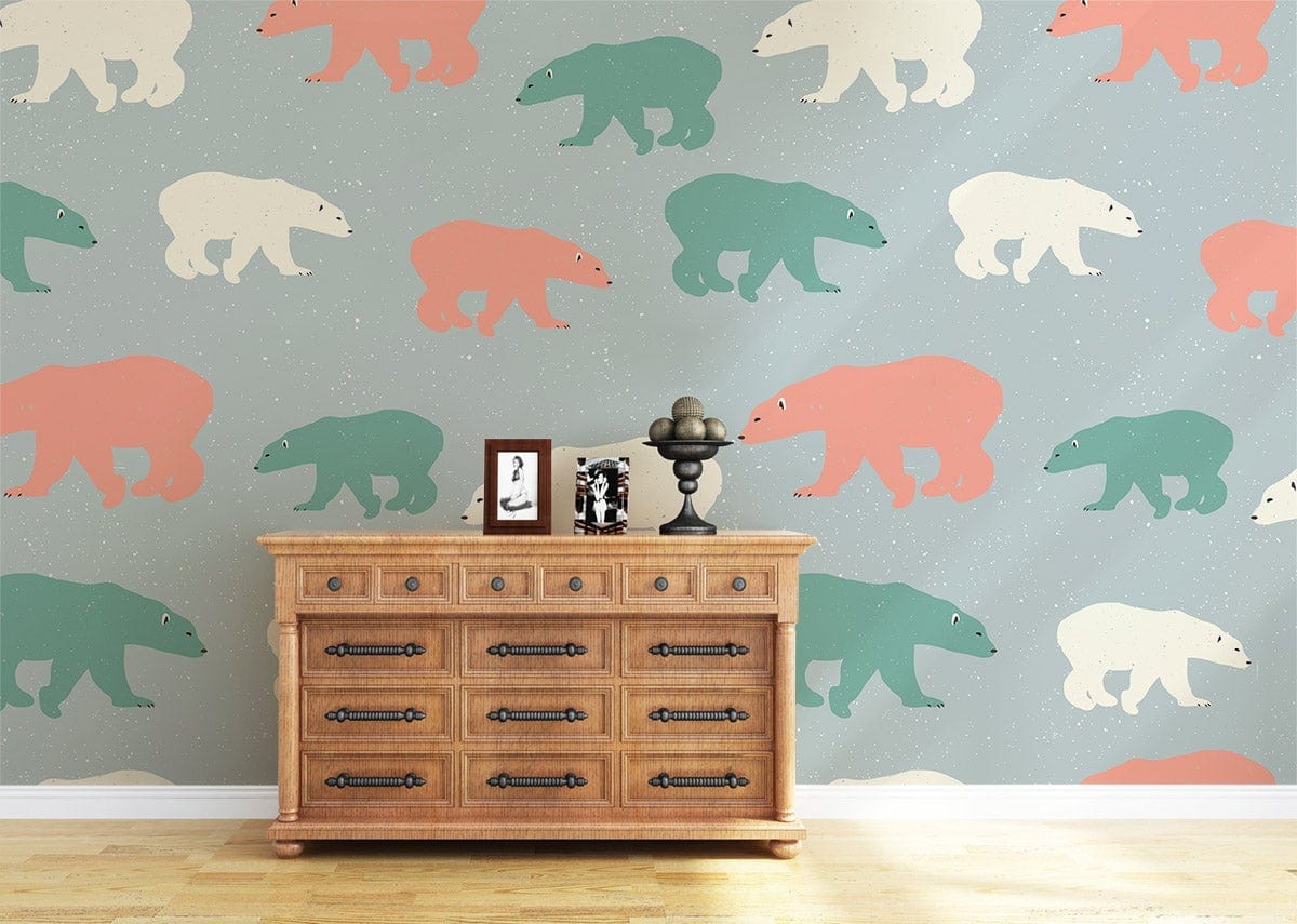 Whimsical pastel bear wallpaper with wooden dresser, light wood flooring, and soft green accents.