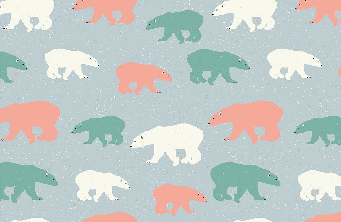 Whimsical Pastel Bear Parade Wallpaper in Soft Green and Coral Pattern