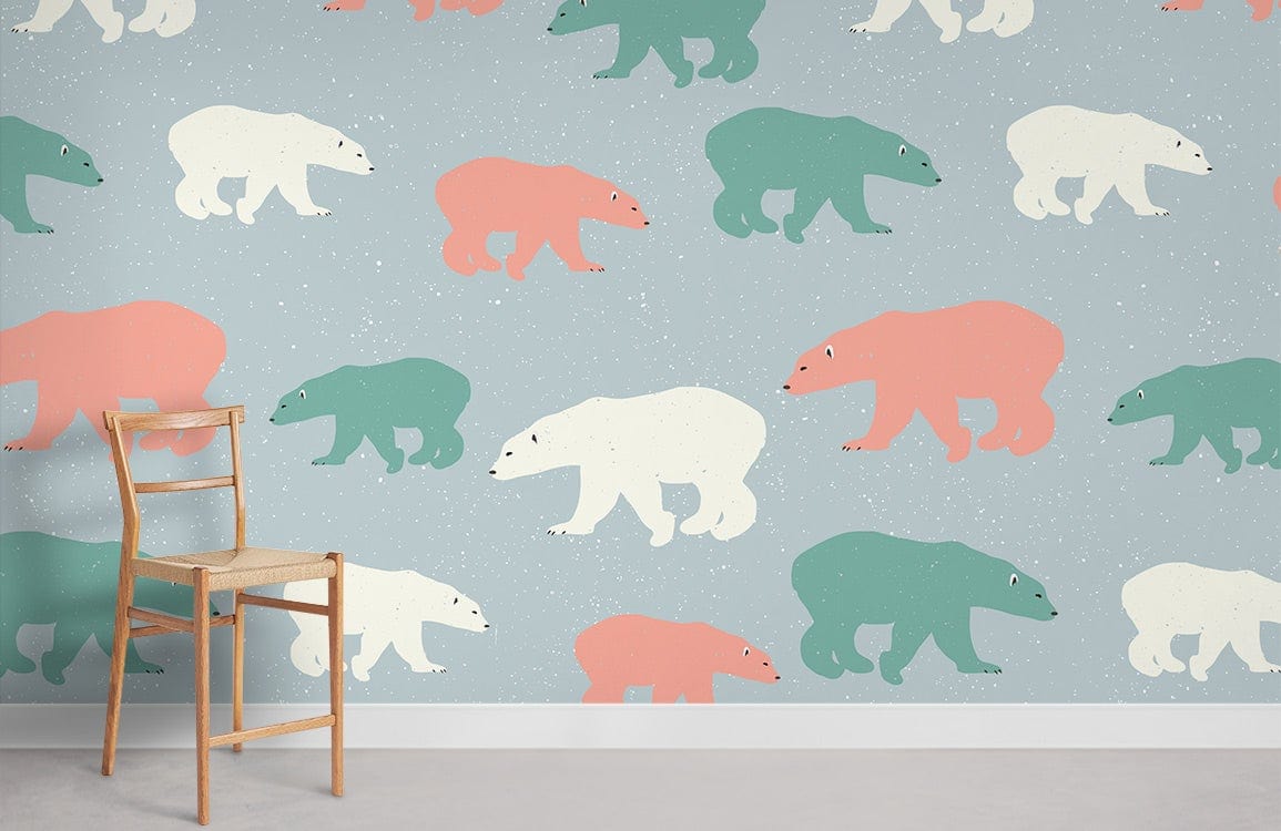 Whimsical Pastel Bear Parade Wallpaper with soft green, coral pattern; wooden chair, grey flooring.