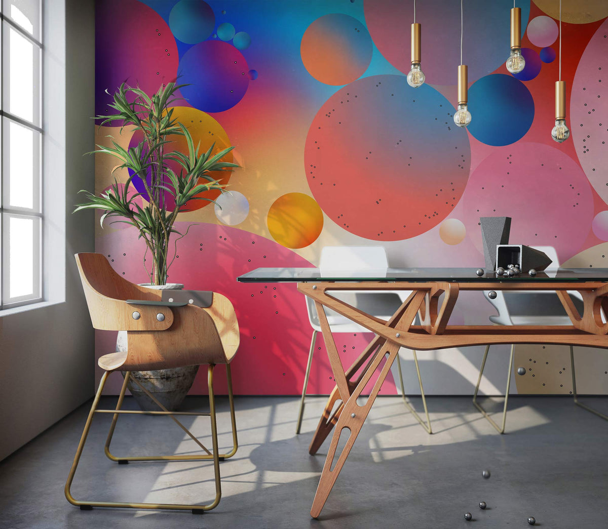 Vibrant Multicolour Bubble Pattern Mural Wallpaper in modern dining room with wooden chairs, pendant lights.