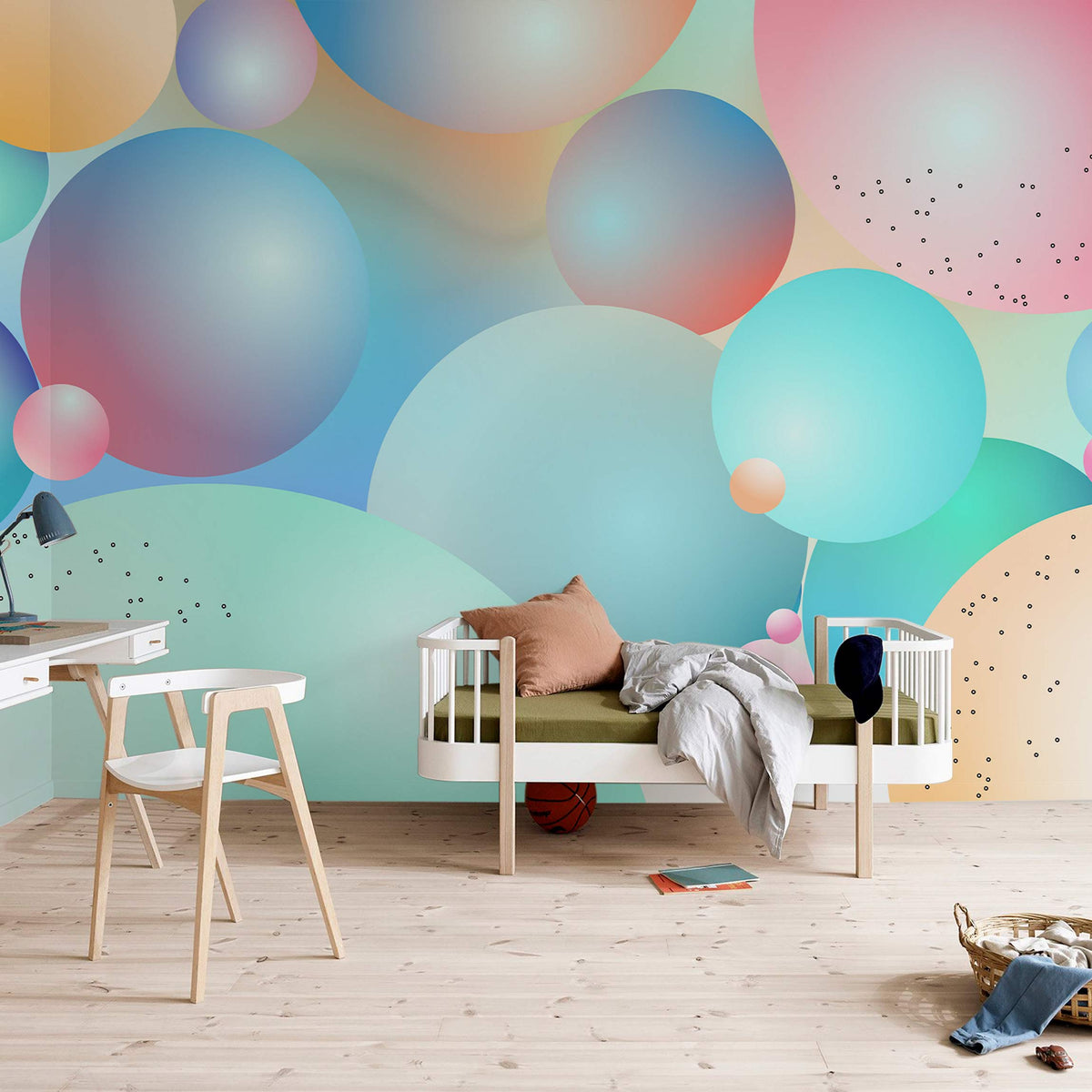 Pastel Dreamscape Bubble Mural Wallpaper in modern nursery with wooden floor, minimalist furniture, soft tones.