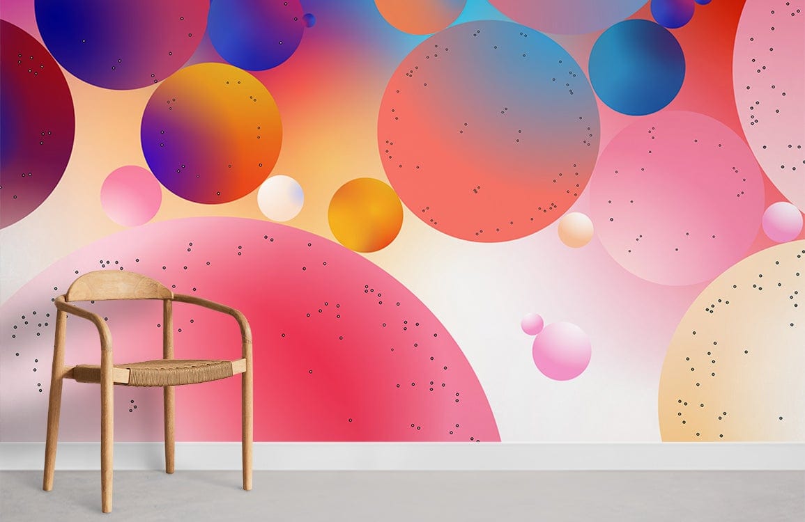 Vibrant multicolour bubble mural wallpaper, modern abstract design with wooden chair, grey flooring.