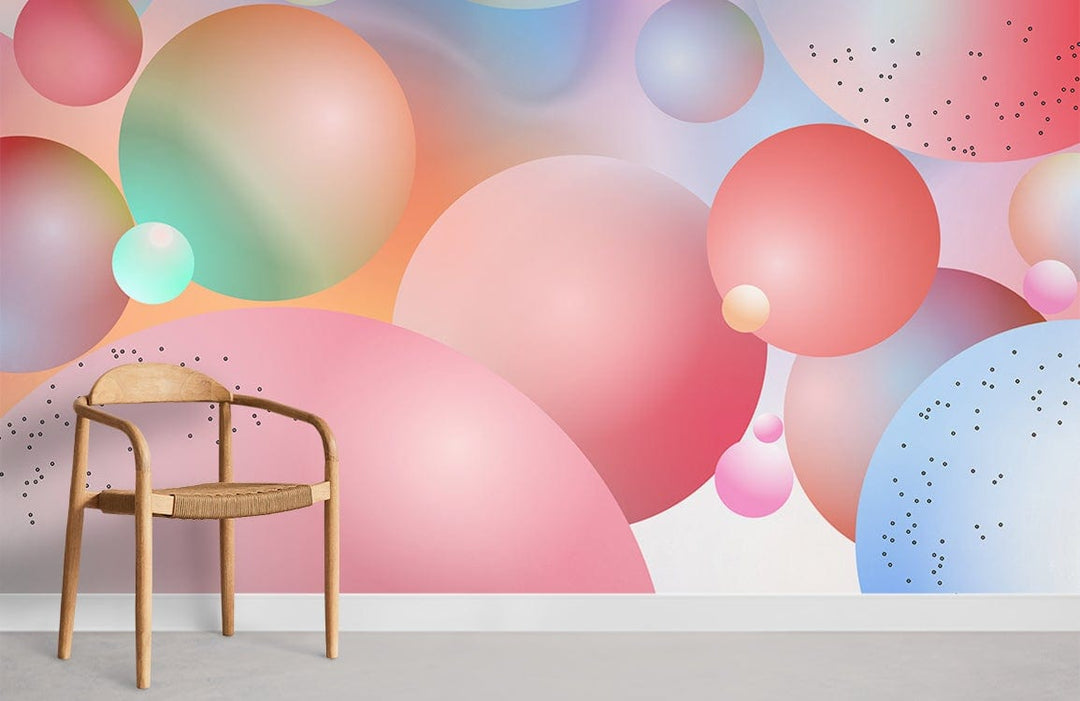 Pastel Bubble Dreamscape Abstract Mural Wallpaper, wooden chair, minimalist interior, soft multicoloured hues.