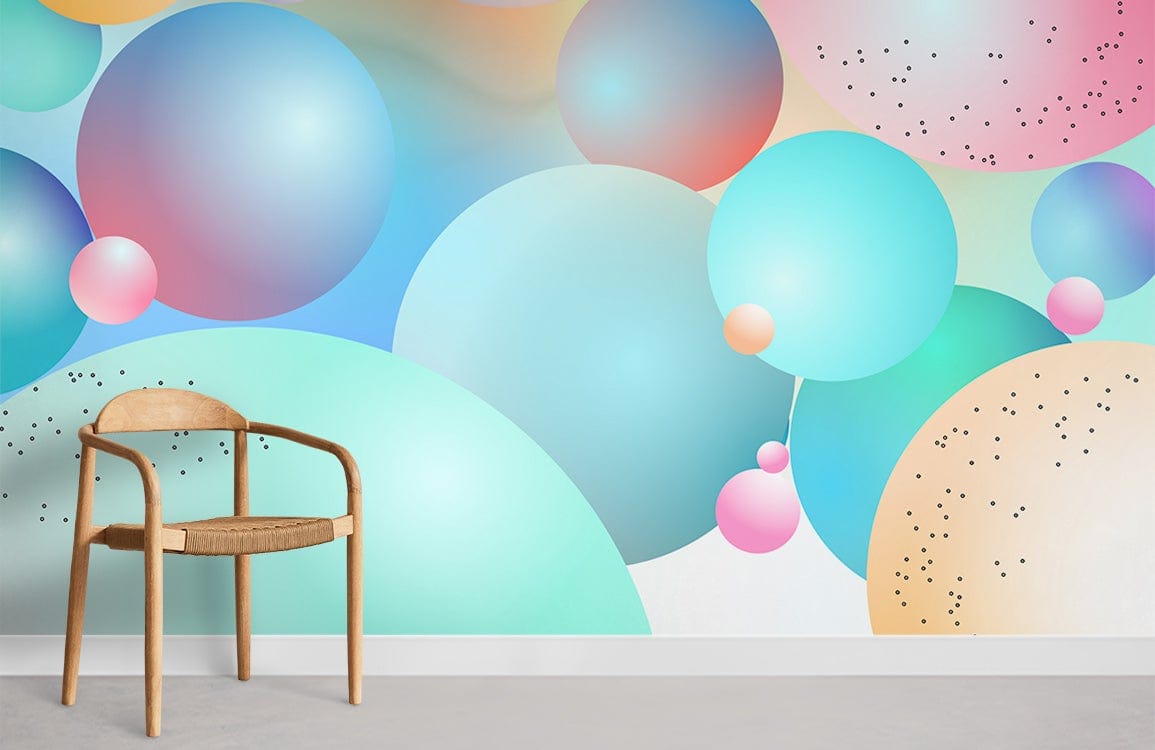 Pastel Dreamscape Bubble Theme mural wallpaper in a modern room with wooden chair, grey flooring.