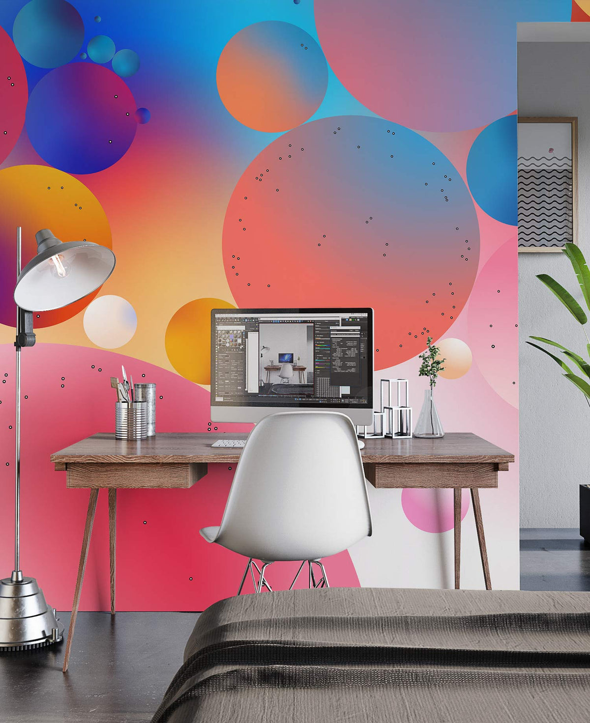 Vibrant multicolour bubble pattern mural wallpaper, modern desk, white chair, contemporary floor lamp, home office.