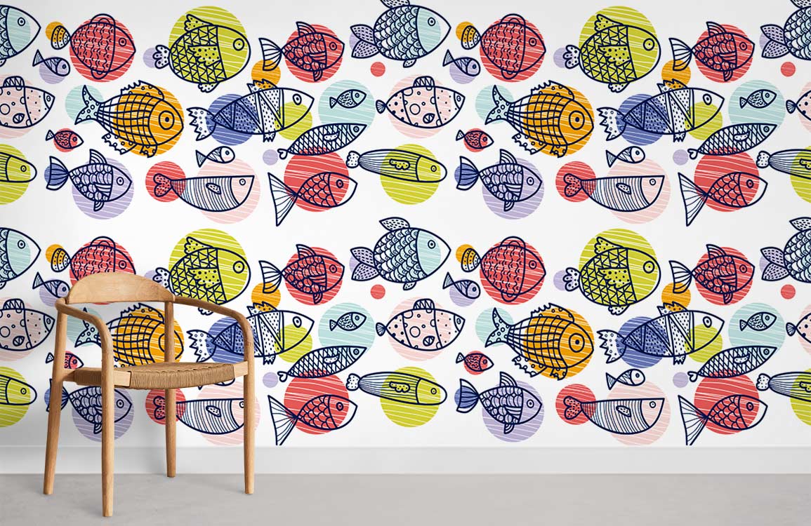 Colourful Fish Patterned Wallpaper in kids' room, wooden chair, vibrant design, playful oceanic theme.