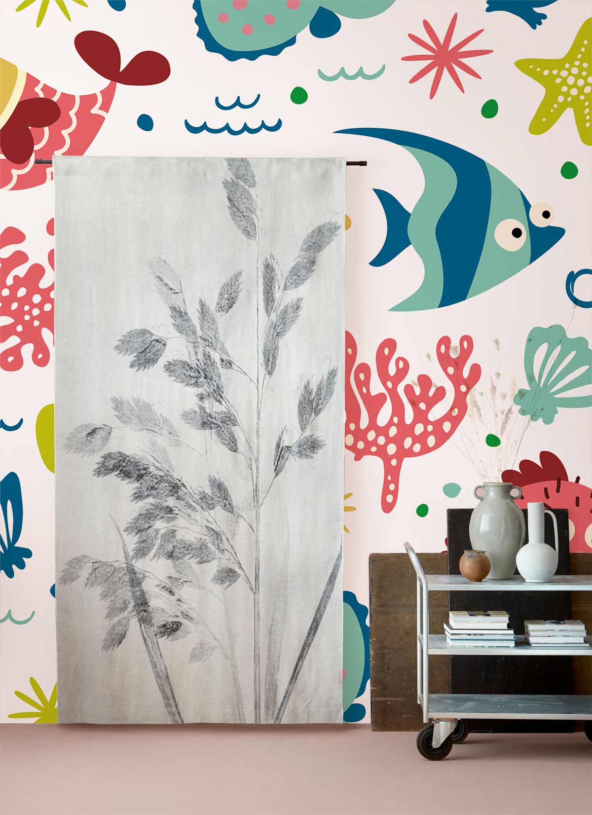 Colourful kids' ocean-themed wallpaper with fish pattern, complementing wooden shelving in vibrant room decor.
