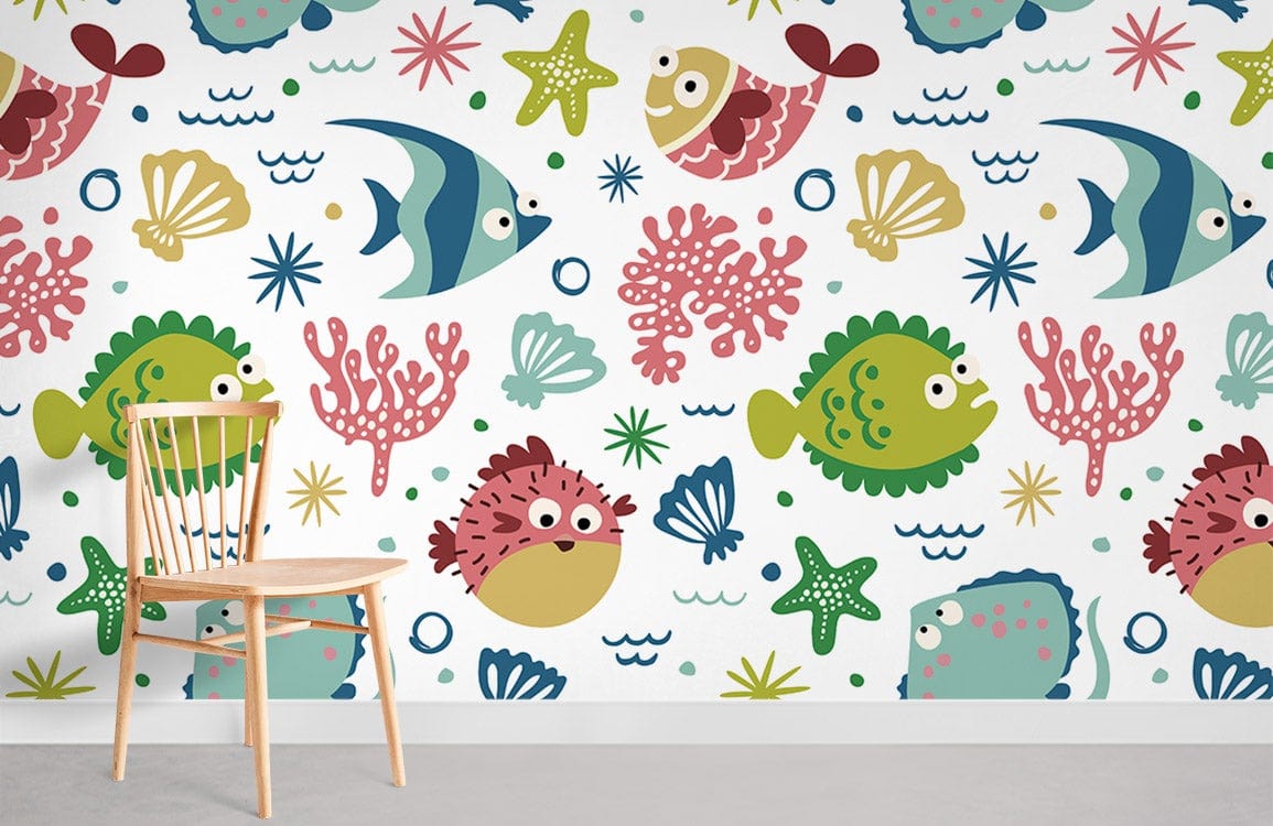 Colourful ocean theme kids' wallpaper with fish, Starfish, and coral, wooden chair, grey flooring.