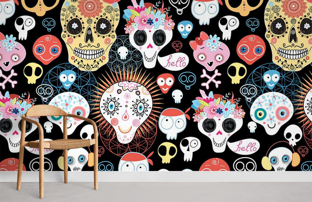 Day of the Dead colourful skull wallpaper with chair, perfect for vibrant interiors and lively decor.