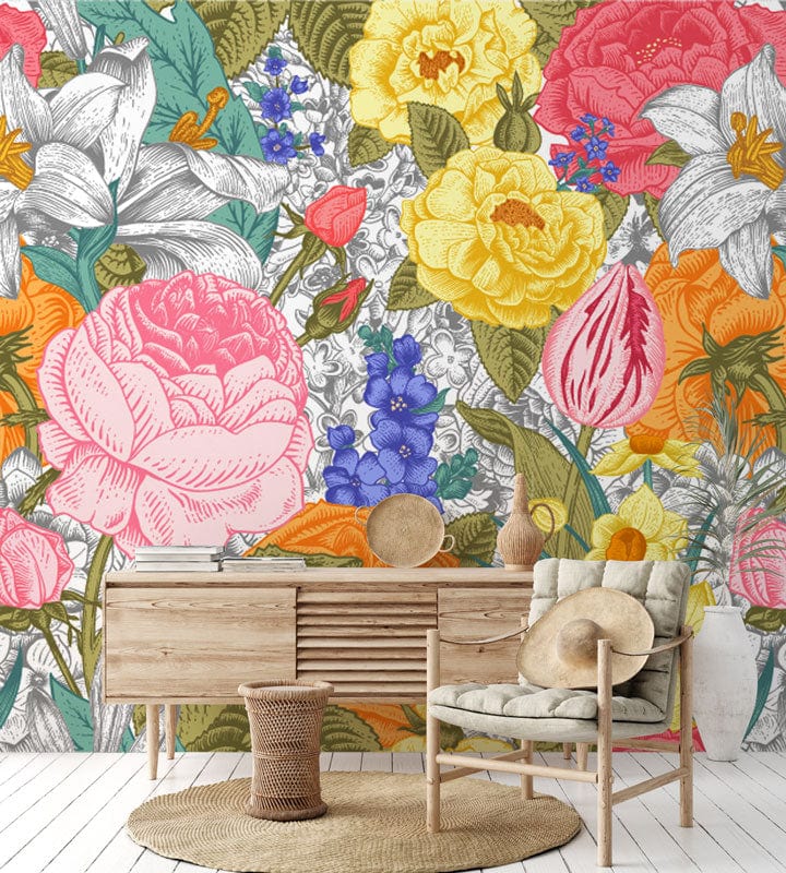 Vibrant Floral Paradise mural wallpaper with wooden sideboard, beige chair, and round rug in living room.