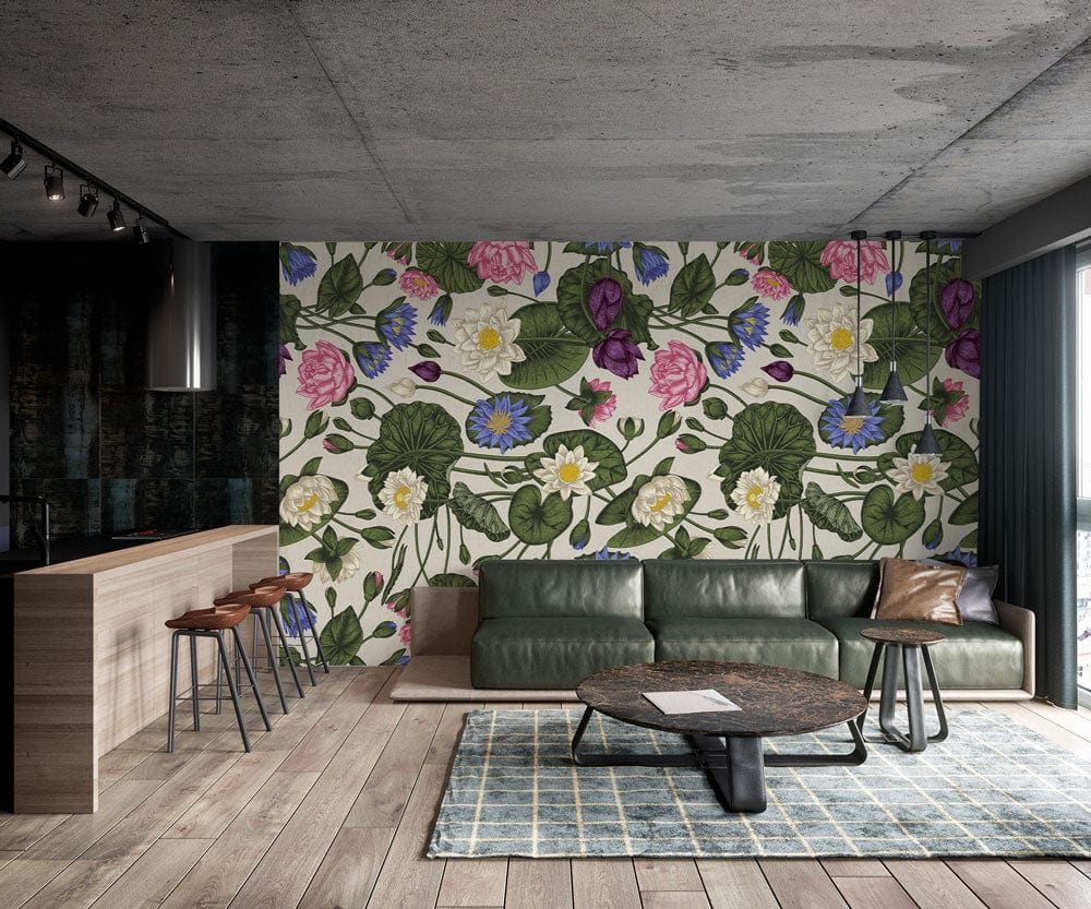 Vibrant vintage botanical wallpaper, green leather sofa, wooden flooring, contemporary living room, stylish decor.