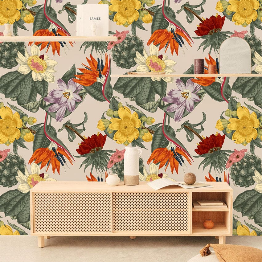 Vintage floral wallpaper with colourful blossoms, wooden sideboard, earthy tones, enhancing elegant home decor.