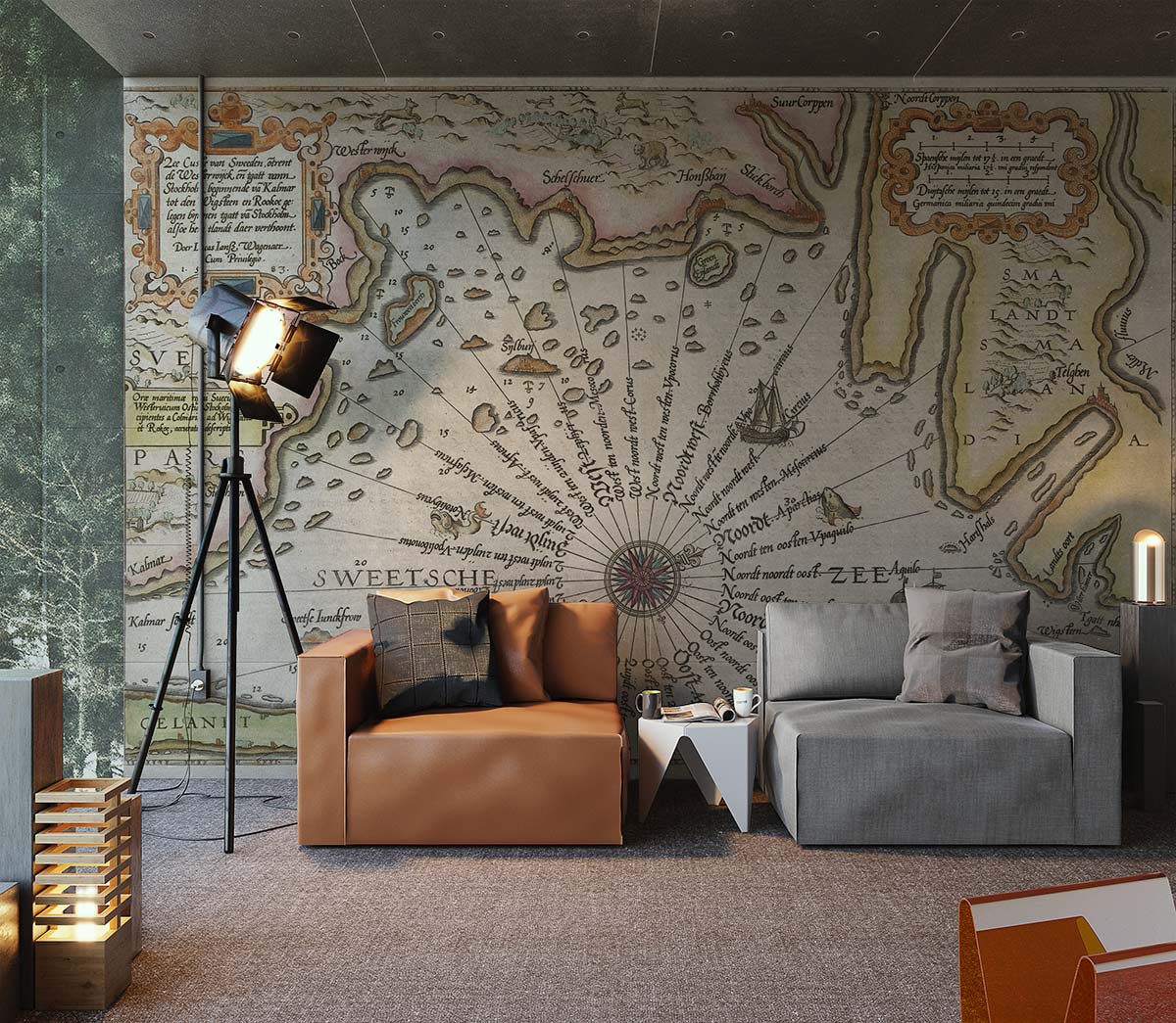 Vintage nautical map wallpaper with historic ships, brown and grey sofas, tripod lamp, and carpet flooring.