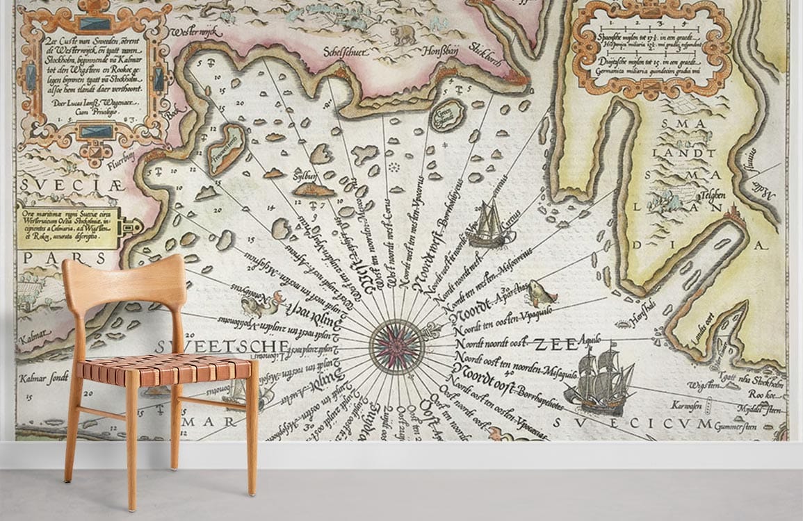 Vintage nautical map wallpaper with historic ships, wooden chair, and neutral grey flooring in room.