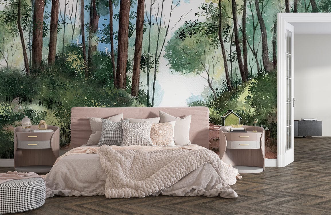 Bedroom with Forest Path Tranquil Escape Mural Wallpaper, neutral bed, wooden floor, nightstands, serene decor.