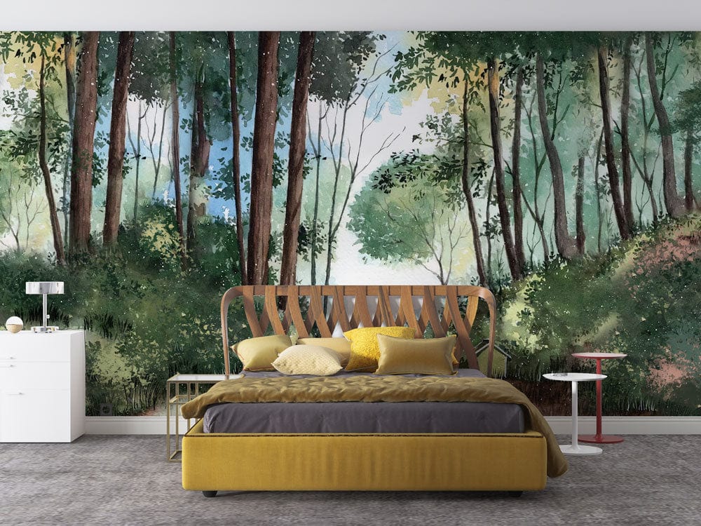 Forest Path Tranquil Escape Mural Wallpaper in bedroom with yellow bed, grey carpet, white dresser.