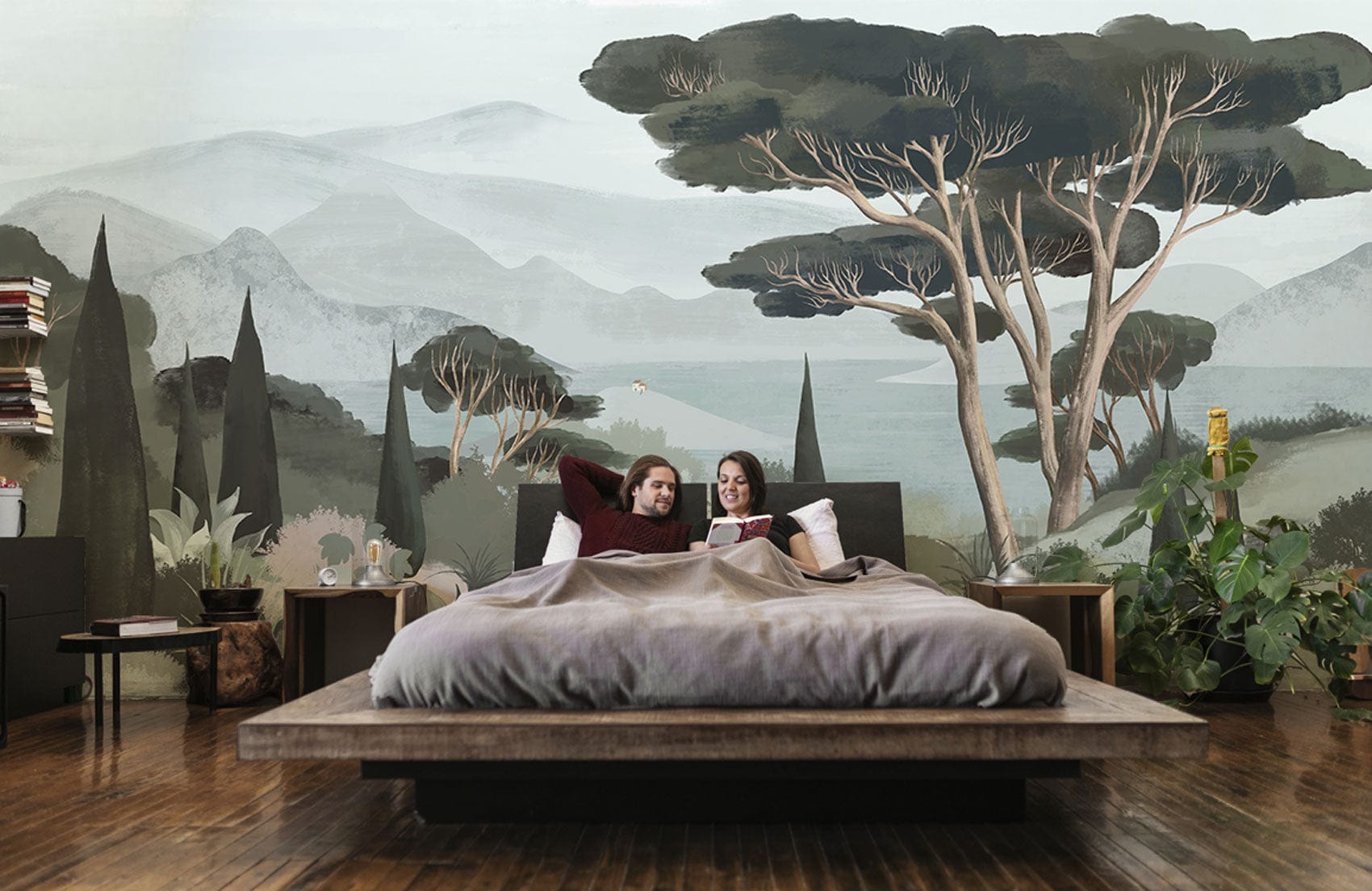 Tranquil Evergreen Landscape Mural Wallpaper in bedroom with wooden flooring, minimalist bed, serene decor.