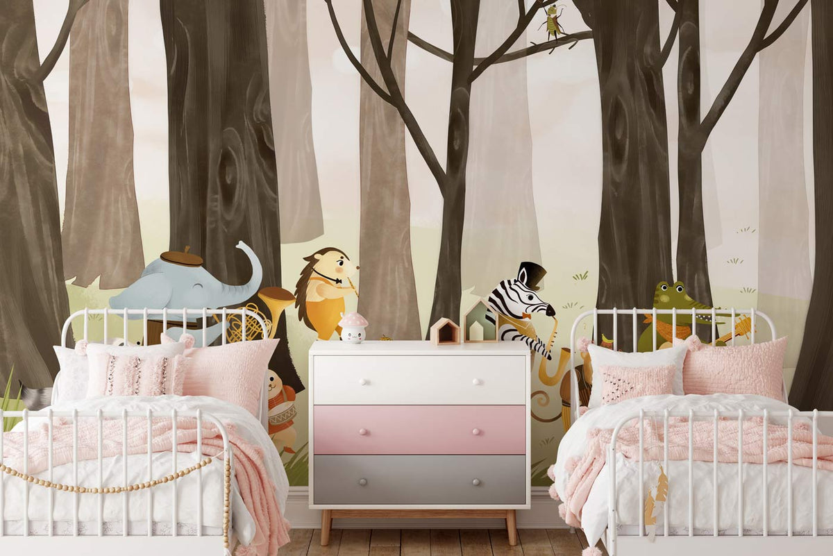 Whimsical Woodland Animal Orchestra Mural Wallpaper in playful nursery with twin beds, pink bedding.