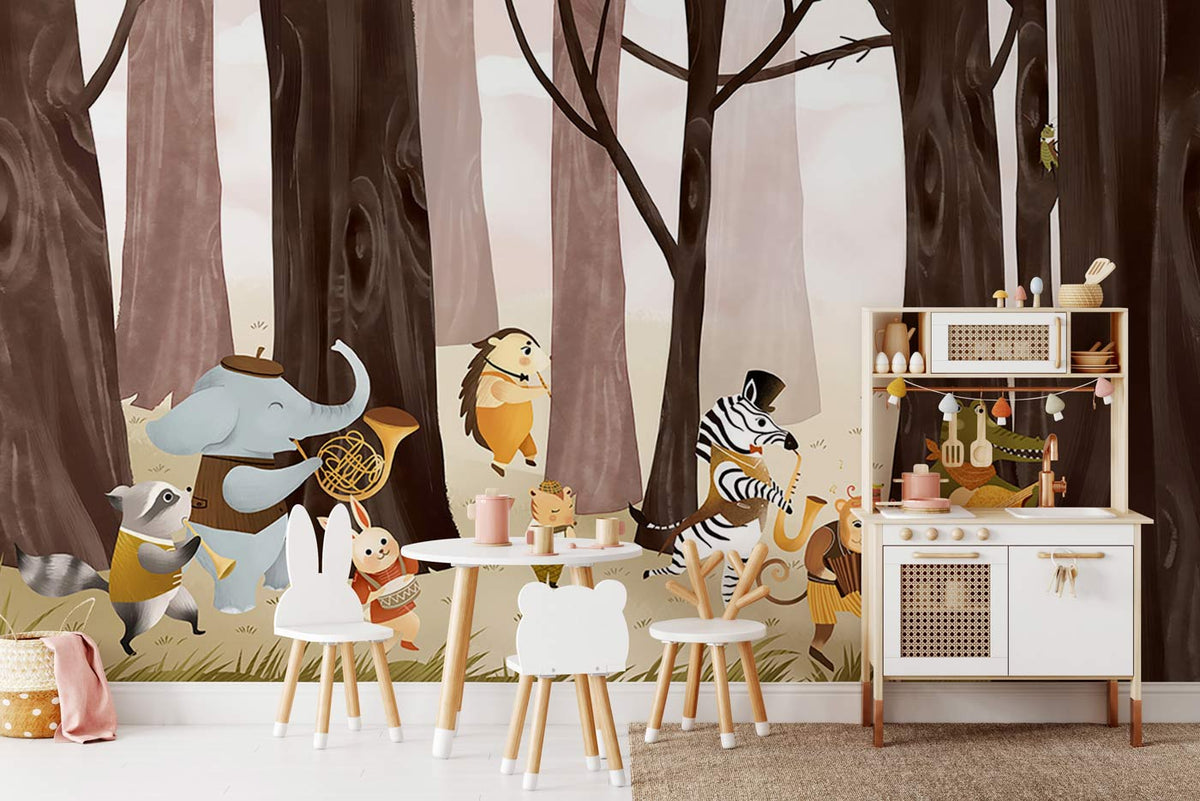 Children's room with Enchanting Woodland Animals mural, featuring playful animals, contemporary furniture, and neutral decor.