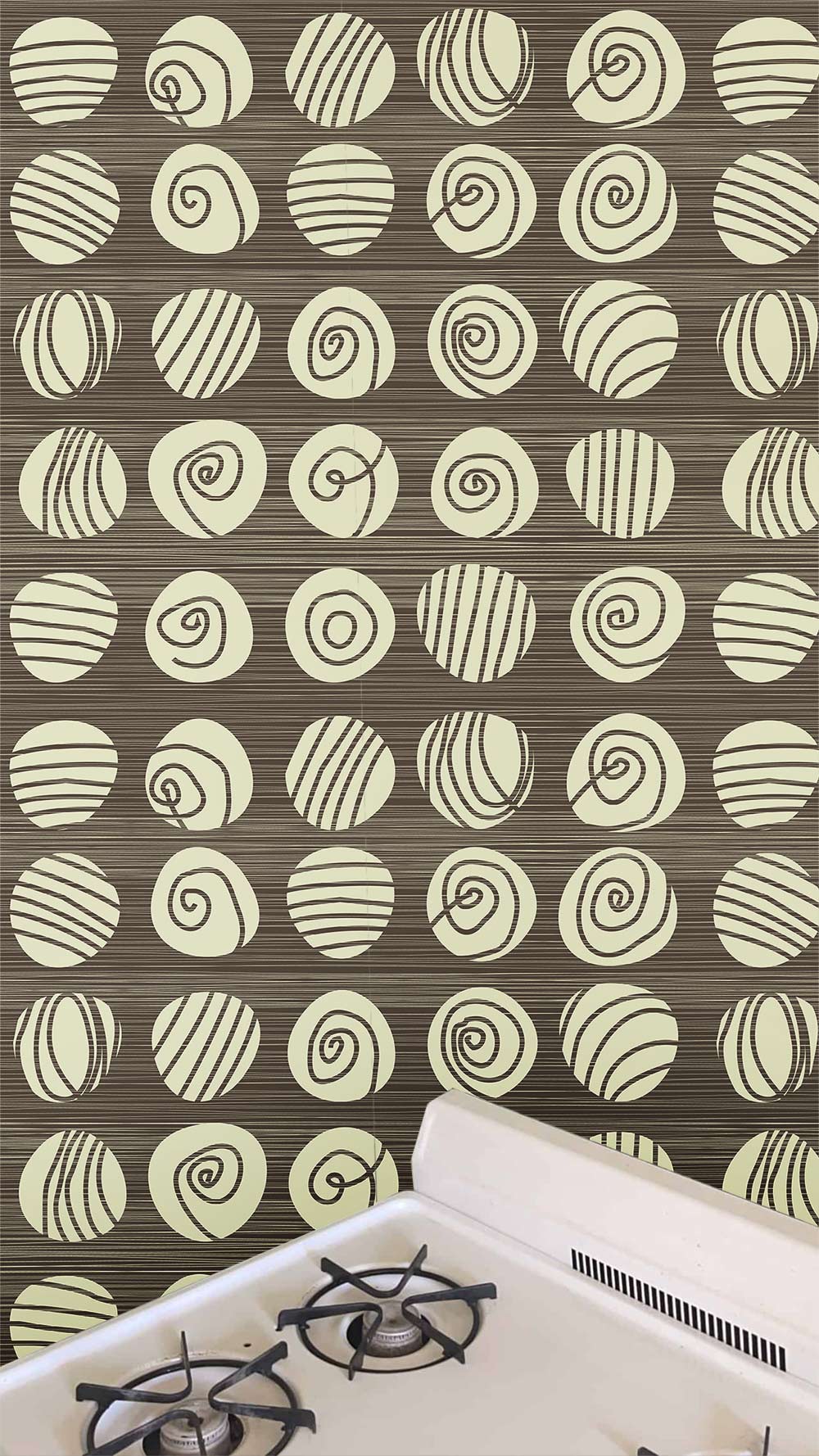 Vintage spiral pattern wallpaper in earthy tones, retro chic, near white kitchen stove.