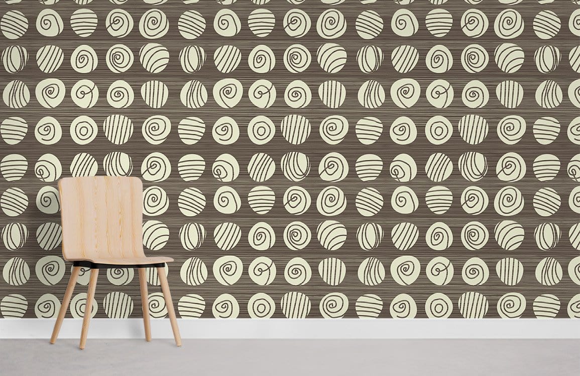 Vintage spiral pattern wallpaper, earthy tones, modern wood chair, grey flooring, retro chic style.