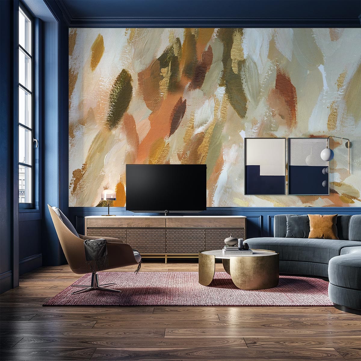 Autumnal abstract beige and gold mural wallpaper, blue walls, wood flooring, green sofa in living room.