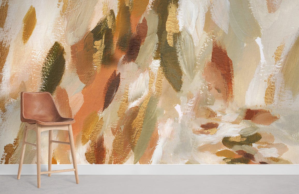 Autumnal abstract beige, gold watercolour mural wallpaper in modern room, featuring wooden bar stool, grey flooring.