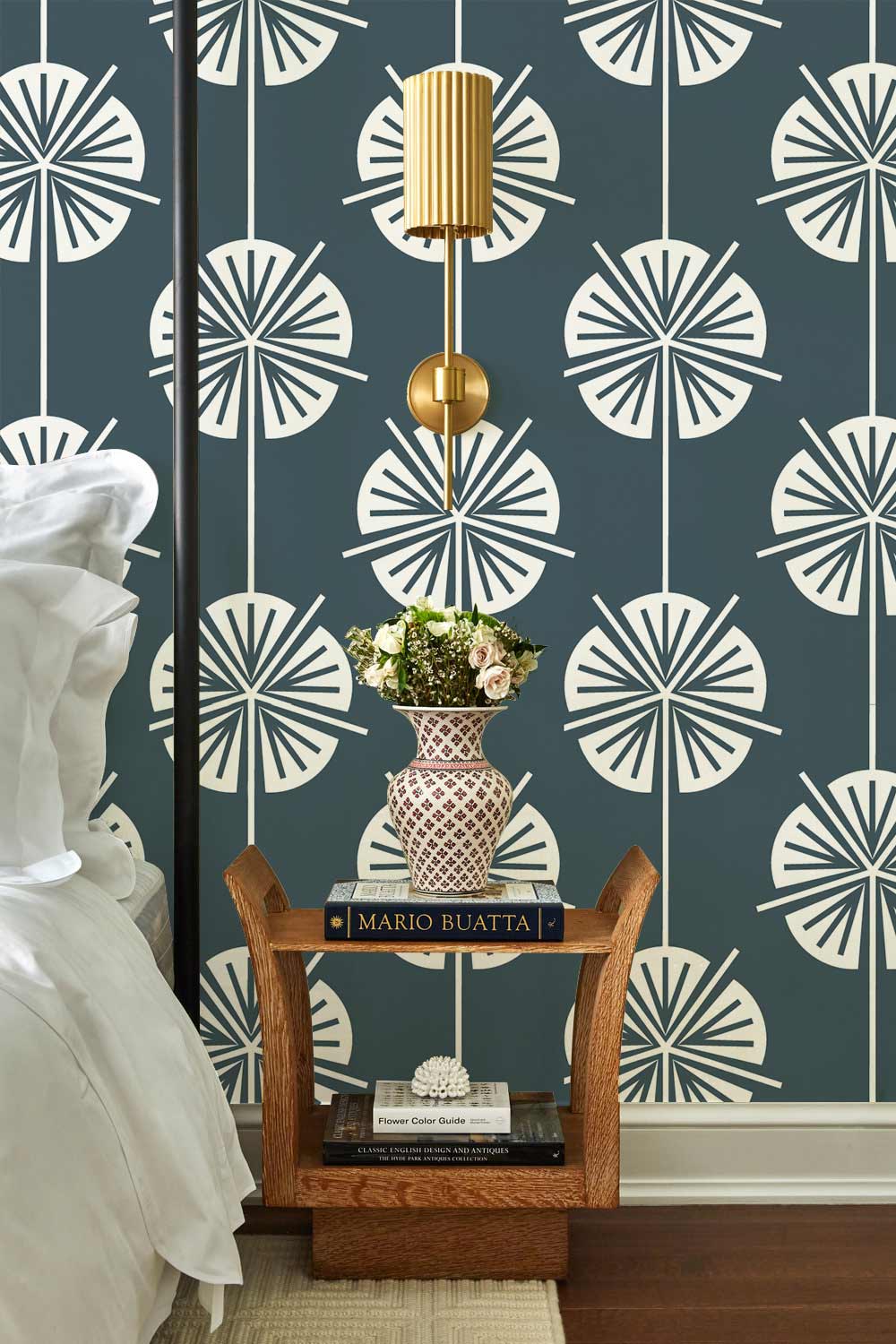 Modern Charcoal Botanical Floral Pattern Wallpaper with bedside table and stylish floral lamp in bedroom.