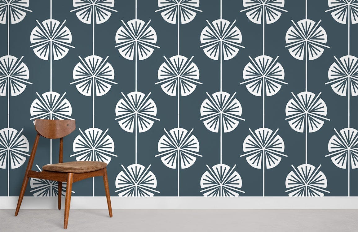 Modern Charcoal Botanical Floral Pattern Wallpaper in Grey Tones with Wooden Chair on Carpeted Floor.