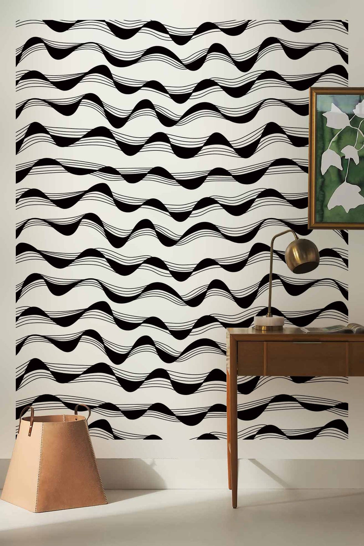 Monochrome wavy lines wallpaper, modern black and white design, with wooden desk lamp, artistic painting.
