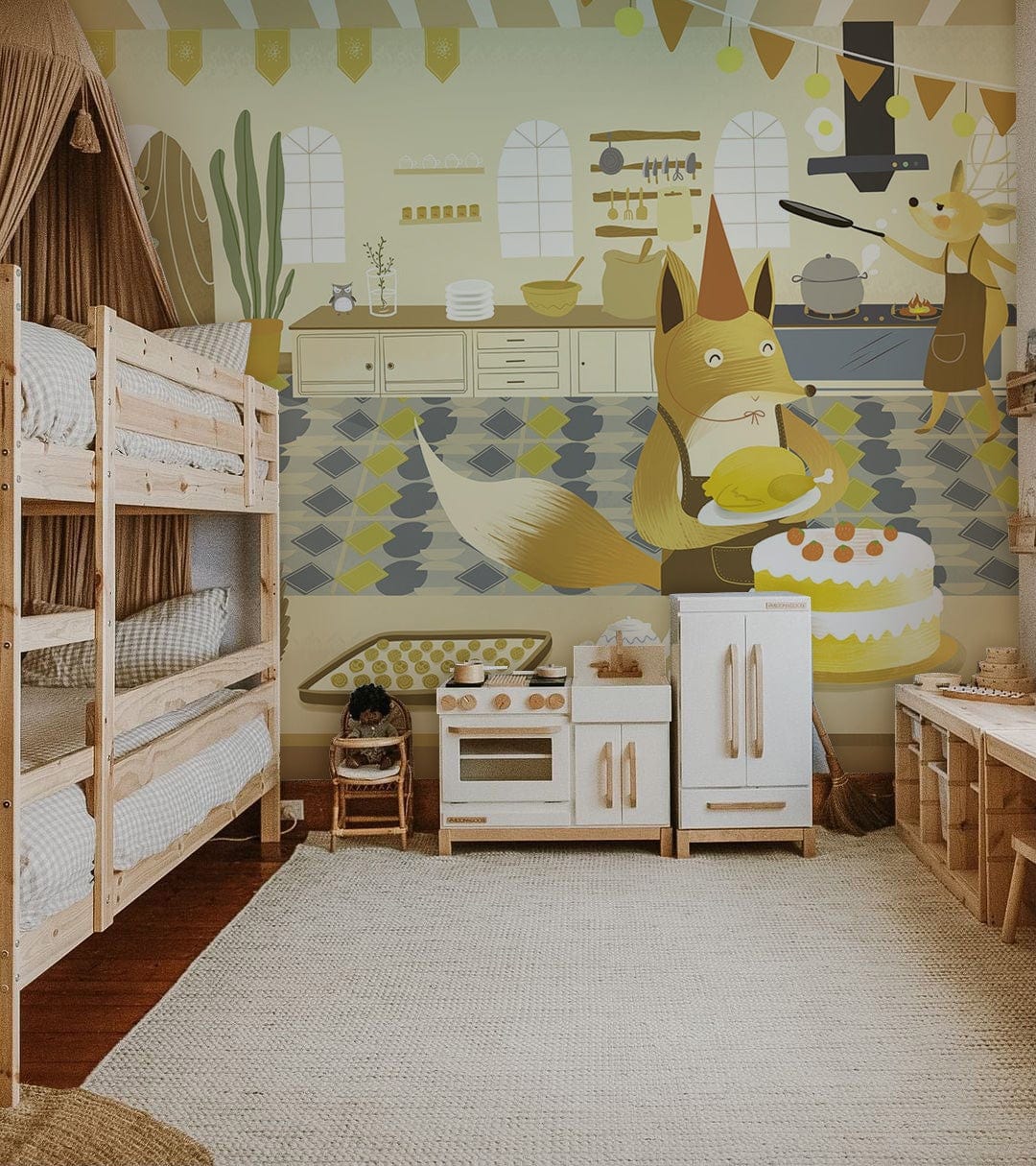 Whimsical Woodland Animal Bakery Mural, soft yellow, wooden bunk beds, natural fibre rug, cosy children's room.