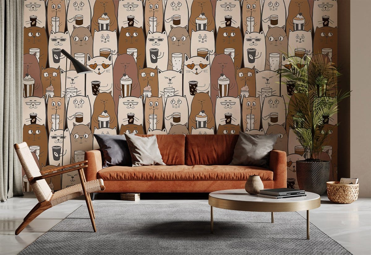 Whimsical Coffee Cats wallpaper in lounge with rust sofa, grey rug, wooden chair, beige curtains.