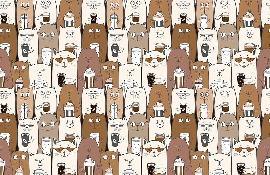 Whimsical Coffee Cats Brown and Beige Patterned Wallpaper for Playful Spaces