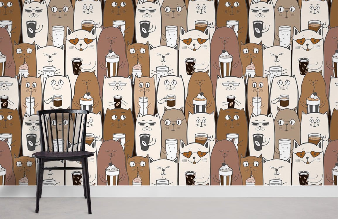 Wall featuring Whimsical Coffee Cats Brown and Beige Patterned Wallpaper, black chair, light-coloured flooring.