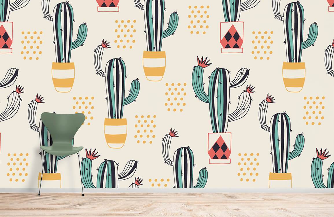 Retro Cactus Pattern Wallpaper with green chair, light wooden flooring, vibrant modern interior setting.
