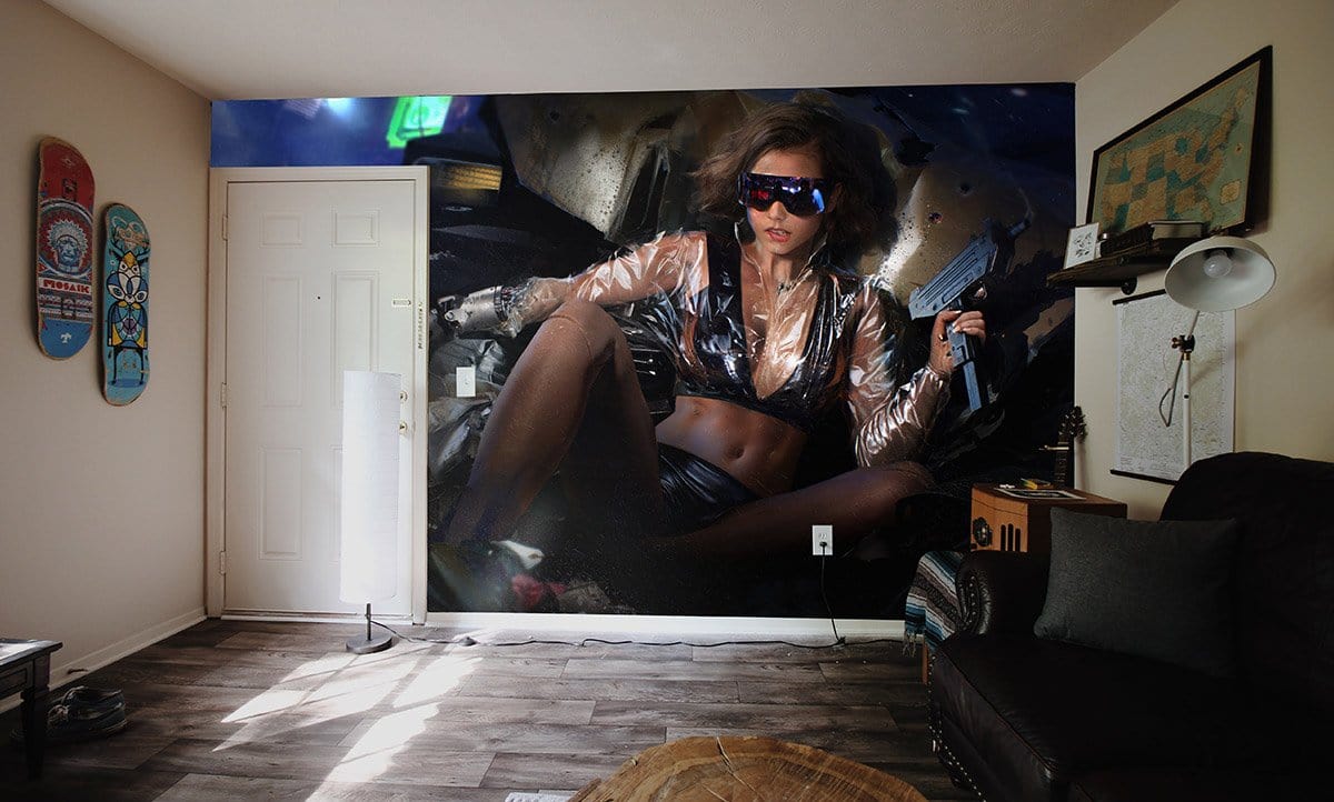 Futuristic cyberpunk mural wallpaper with dark neon aesthetic, featuring skateboard decor and modern sofa.