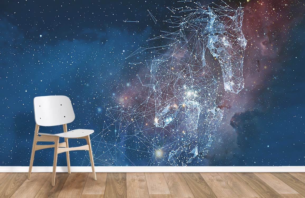Galactic Constellation Cosmic Blue Night Sky Wallpaper with white chair, wooden flooring in living room.