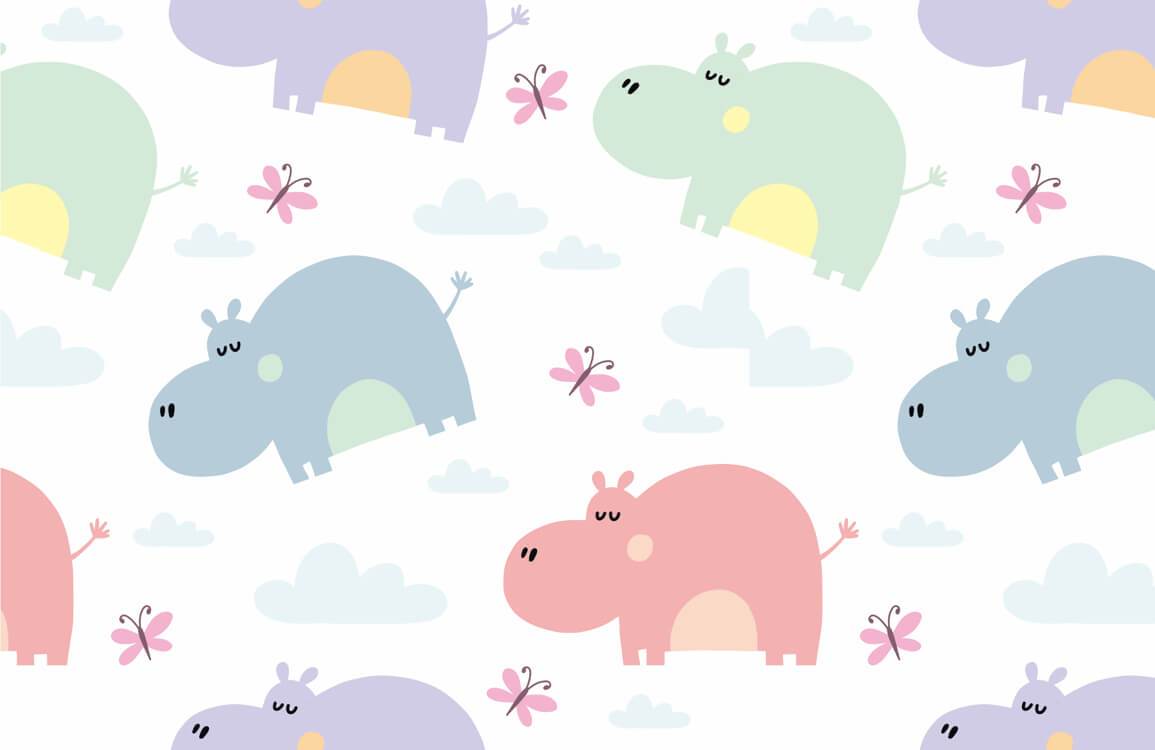 Pastel Hippo and Butterfly Children's Wallpaper - Playful Nursery Design