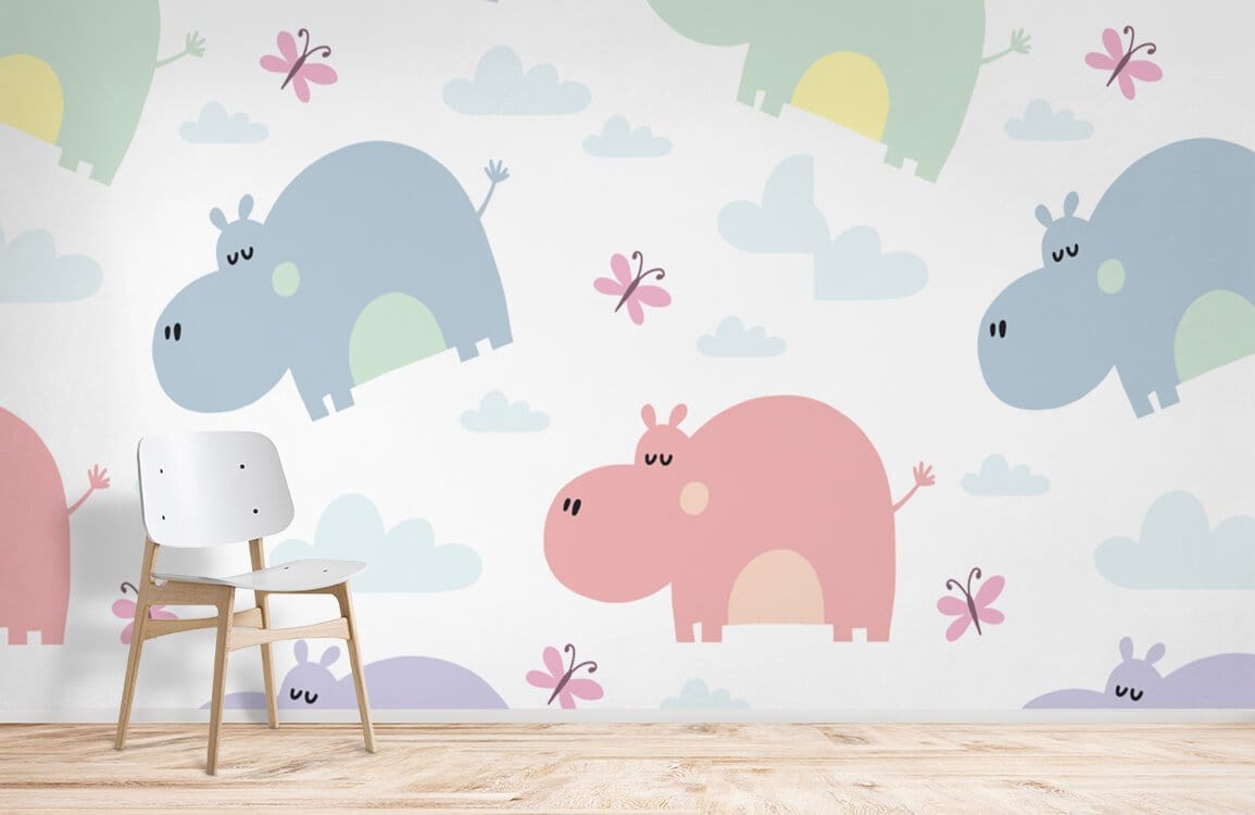 Pastel hippos and butterflies nursery wallpaper with wooden chair; playful design in child's room setting.