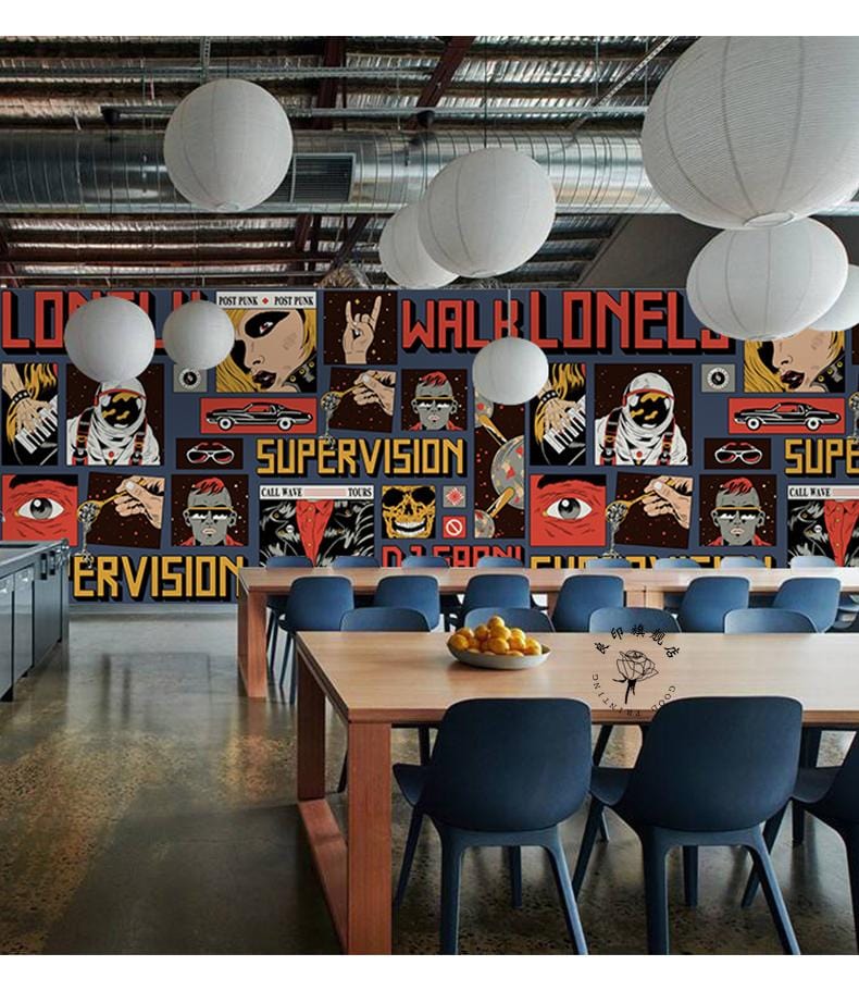 Retro post-punk mural wallpaper on bold red-black wall in modern dining room with industrial decor.