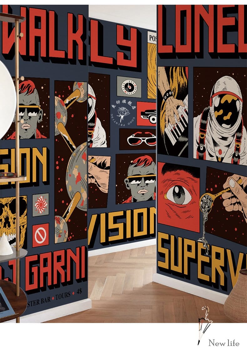 Retro Post-Punk Comic Mural Wallpaper in red and black, wooden flooring, modern room decor.