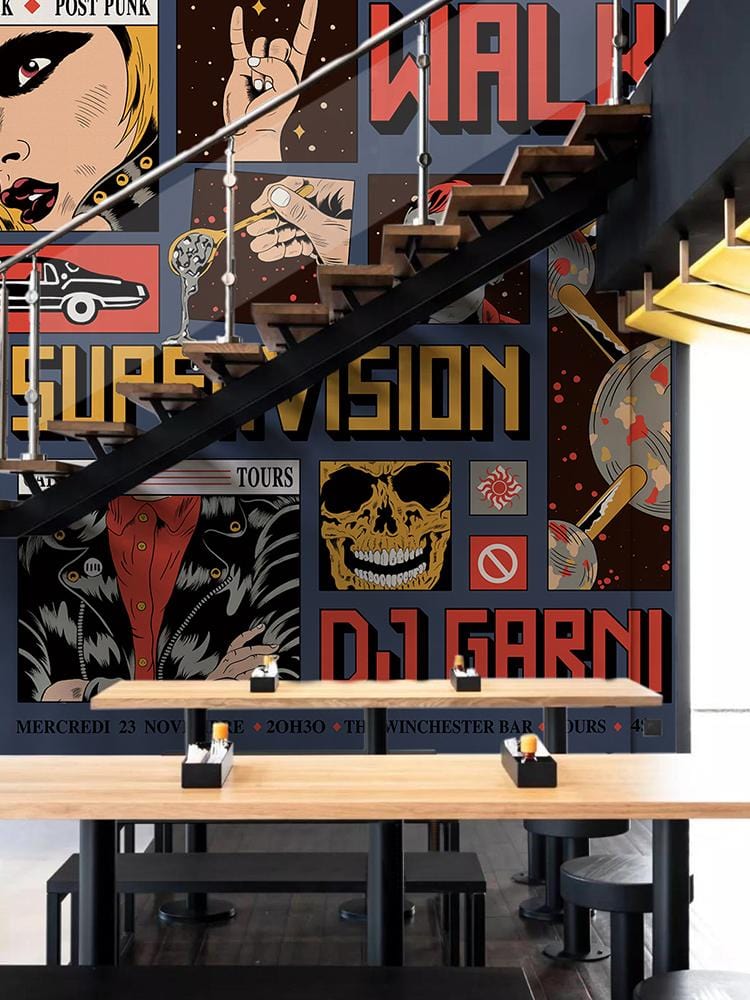 Retro post-punk comic-style mural in bold red and black under industrial staircase with wooden dining table.