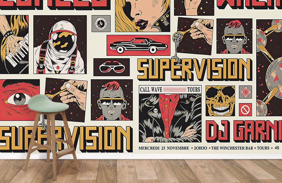 Retro post-punk comic mural wallpaper, bold red and black, vibrant design, stool, wooden flooring.