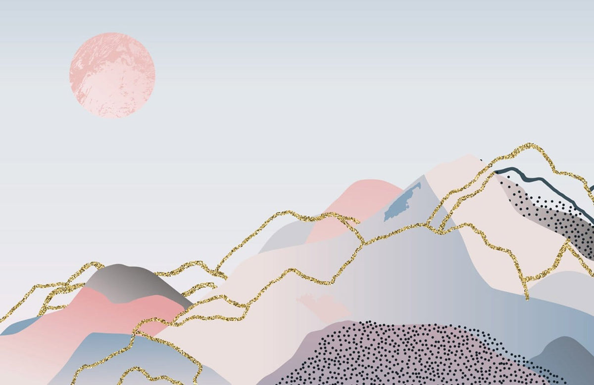 Abstract Pastel Mountain Landscape Mural Wallpaper with Gold Accents and Pink Sun