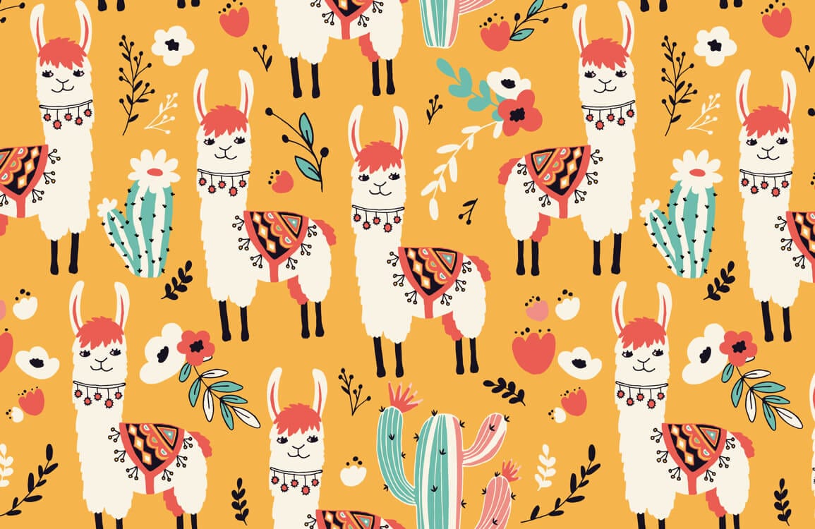 Playful Llama Safari Wallpaper, vibrant orange boho chic nursery design, featuring whimsical llamas and cacti.
