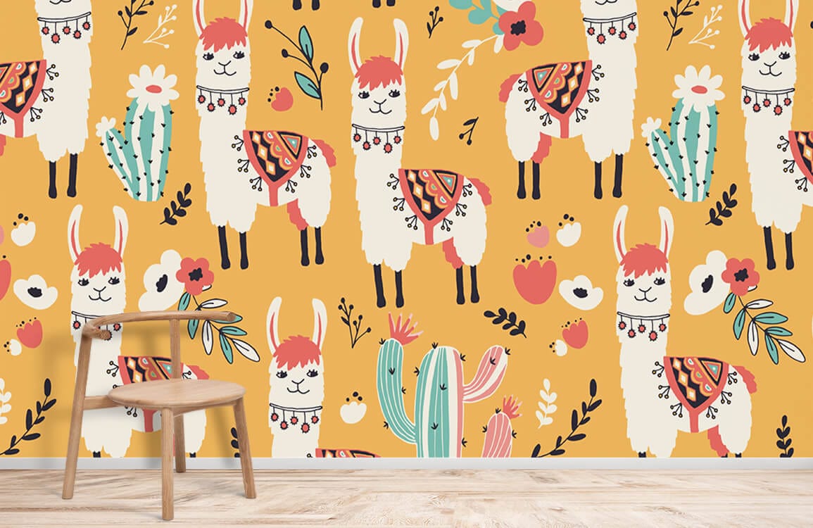 Playful Llama Safari Wallpaper - Vibrant Orange Boho Chic Nursery Design