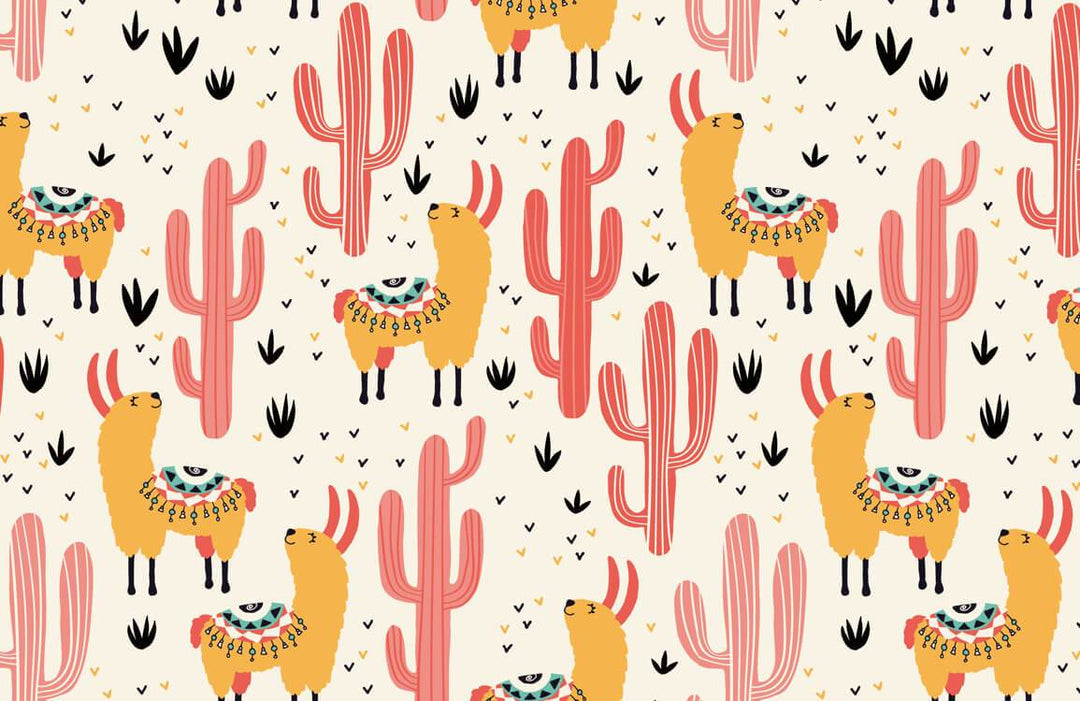 Charming Llama and Cactus Desert Pattern Wallpaper in Cream and Coral Delight