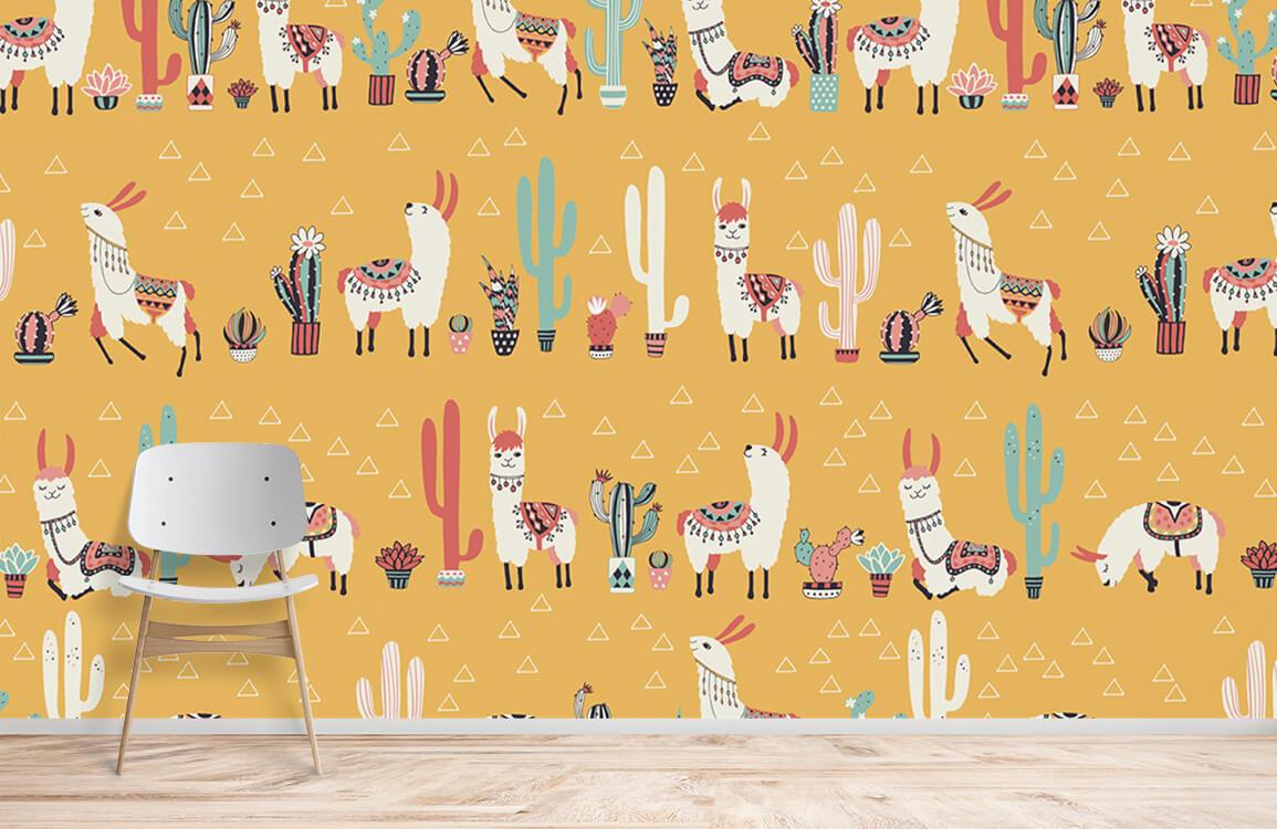Whimsical Llama Desert Adventure Wallpaper with llamas, cacti, colourful patterns; modern chair, wooden flooring.